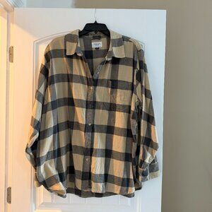 American Eagle Oversized Plaid Button-Up Shirt (Khaki)